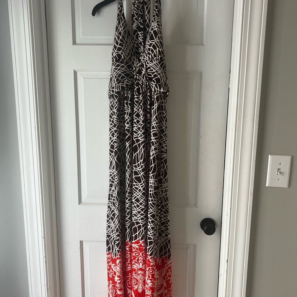 Brown and White Halter Maxi Dress with Orange Accents